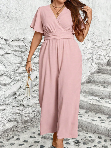 Plus Size V-Neck Solid Color Casual Daily Jumpsuit With Ruffled Sleeves