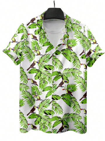 Men Summer Loose Short-Sleeve Shirt With Tropical Plant Print