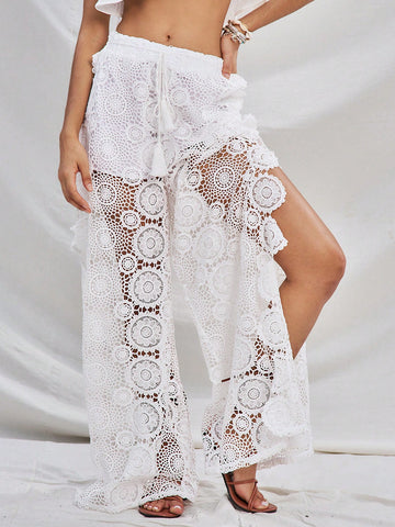Fashionable Loose Wide Leg Pants With Water Soluble Lace, Hollow-Out Design, And Slit