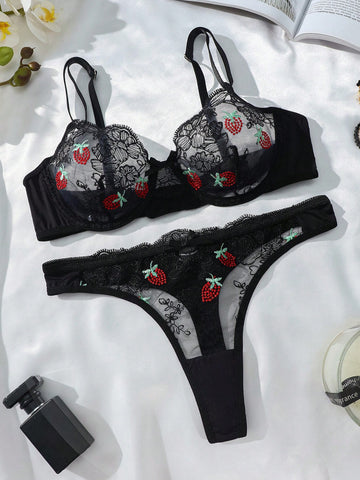 Women Strawberry Embroidery Sheer Sexy Lingerie Set
