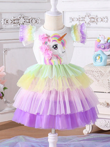 Baby Girls Multilayered Color Collision Unicorn 3D Flower Butterfly Sleeves Mesh Elegant & Cute Dress