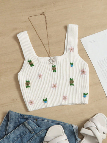 Women Floral Embroidered Casual Tank Top Ribbed Knit Shirt For Spring And Summer
