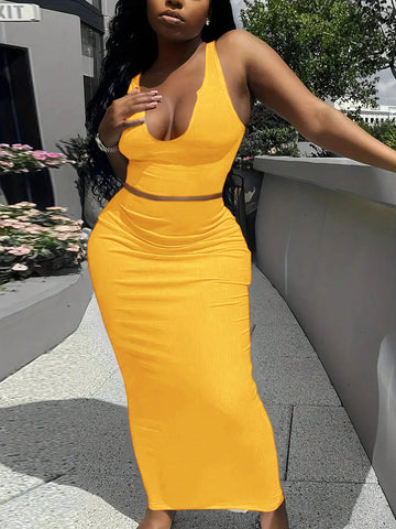Solid Color Notched V-Neck Tank Top And Long Maxi Skirt