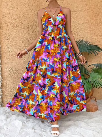 Summer Vacation Leisure Full Floral Print Backless Halter Maxi Dress