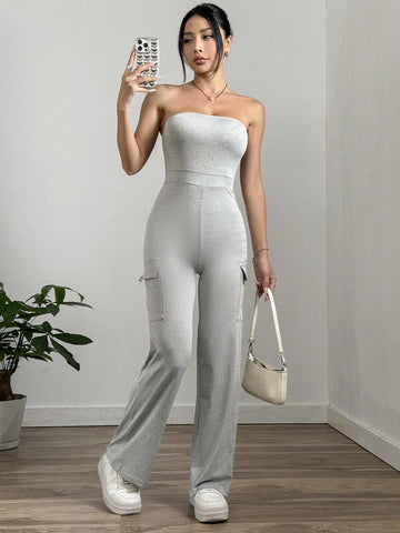 Spring/Summer Casual Solid Color Strapless Jumpsuit With Workwear Style