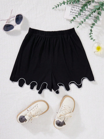 Sweet And Cute Knitted Net Color Irregular Embroidery Wide-Leg Shorts For Tween Girl, Spring And Summer