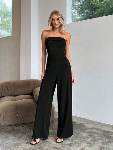 Women's Summer Elegant And Fashionable Commuting Simple Work Daily Basic Solid Color Tube Top Black Jumpsuit