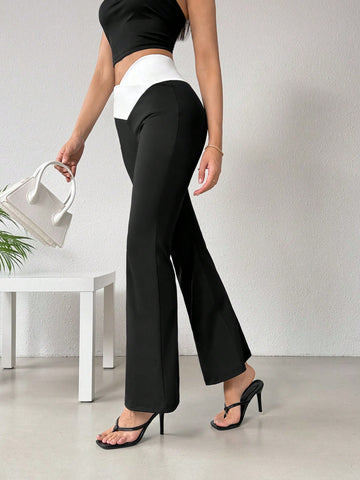 Women Black And White Patchwork V-Shaped High Waist Functional Quick-Drying Straight-Legged Base Layer Pants