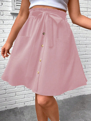 Plus Size Casual Solid Color Paper Bag Waist A-Line Skirt With Front Buttons For Summer
