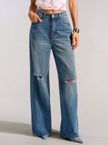 Casual Vintage Distressed Wide Leg Jeans With Holes