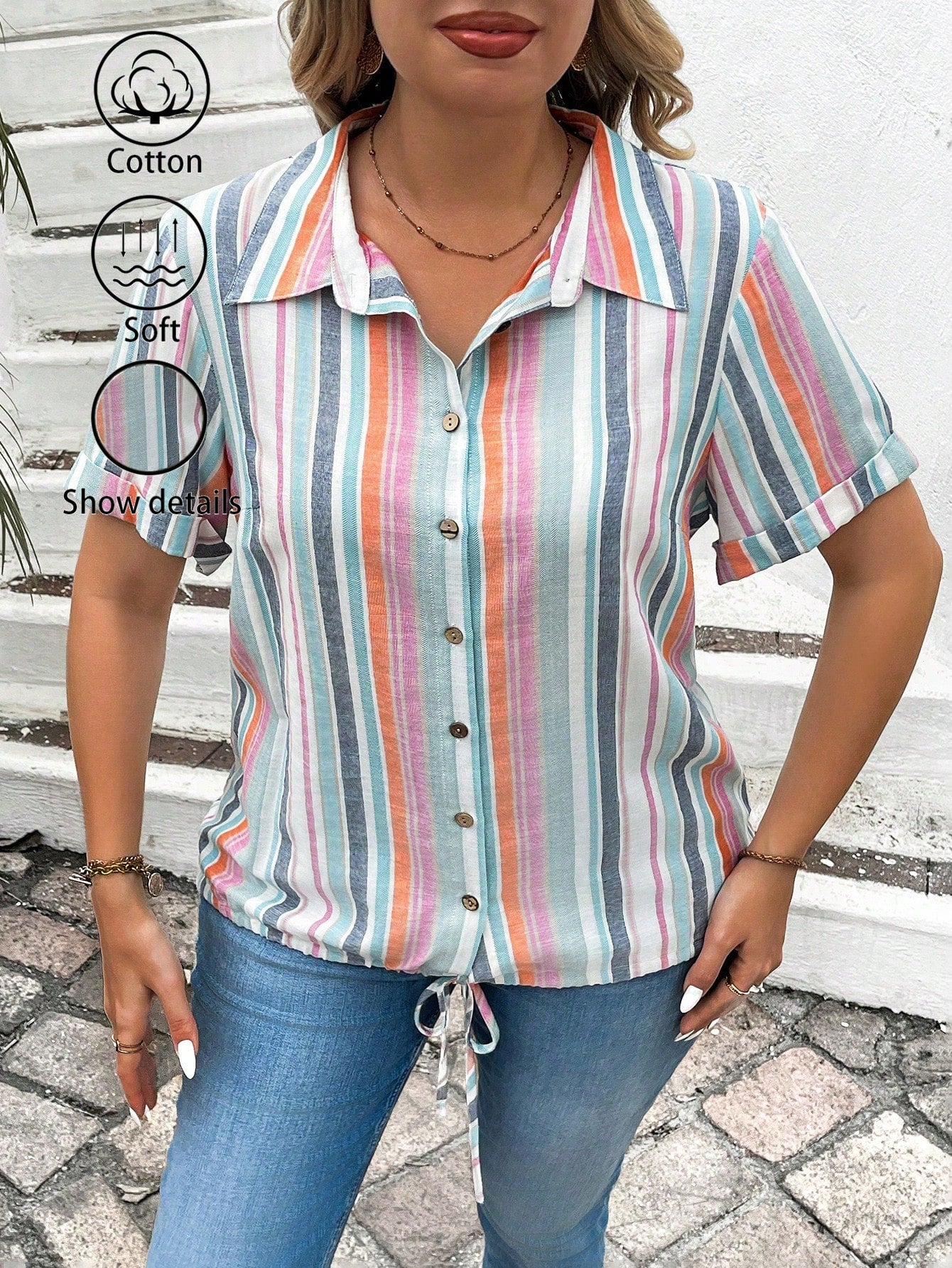 Plus Size Turn-Down Collar Striped Print Casual Spring/Summer Short Sleeve Shirt