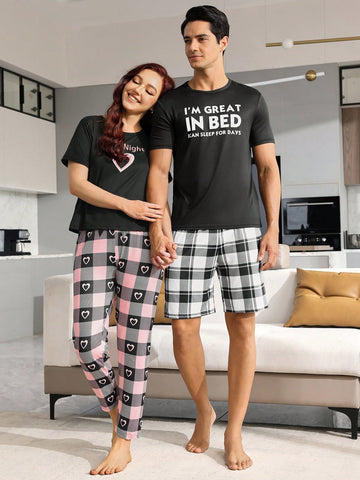 Men's Two Piece Set Of Letter Print Pajamas & Checked Lounge Pants