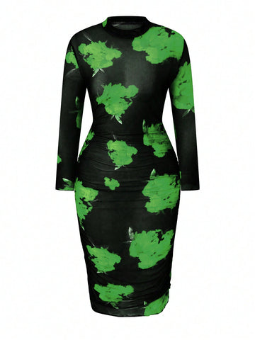 Plus Size Fashionable Long Sleeve Floral Printed Bodycon Dress