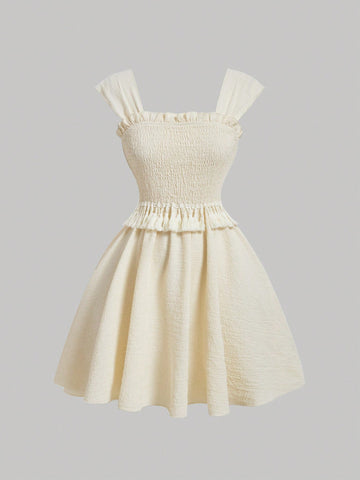 Apricot Pleated Wide Shoulder Strap Dress With Flounce Hem And Decorative Edge For Summer Holiday