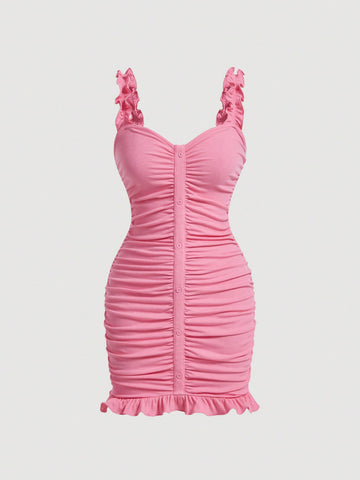 Pink Bodycon Dress With Pleats And Ruffles On The Hem, Mushroom Lace Trim For Summer Holiday Dating