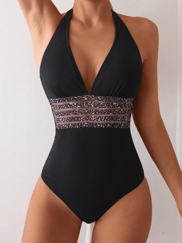 Women One-Piece Leopard Mesh Swimsuit With Waist Cutouts, Simple And Fashionable, Halter Neck Tied At Back For Holiday