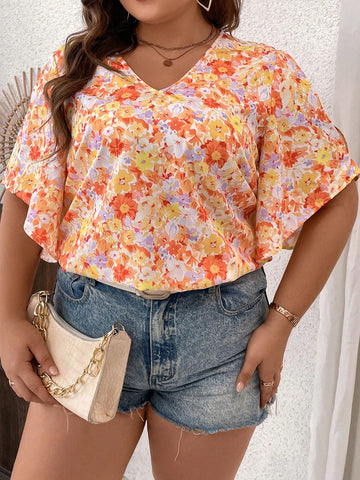 Plus Size V-Neck Floral Print Vacation Casual Shirt For Spring And Summer