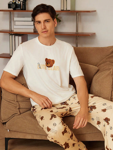 Men Bear Print Letter Pattern Short Sleeve Top And Full Print Long Pants Spring/Summer Home Suit Set