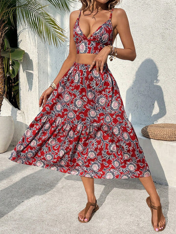 Ladies Bohemian Style Printed Halter Top And Skirt Set For Vacation