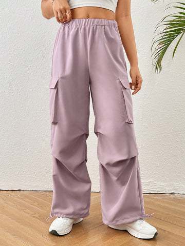 Women Fashion Solid Color Loose Fit Wide Leg Pants With Big Pockets