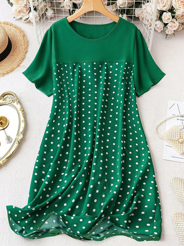 Splicing Polka Dot Print Round Neck Short Sleeve Casual Summer Dress