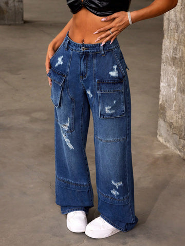 Women\ Casual Straight Leg Jeans With Distressed Design And Utility-Inspired Details