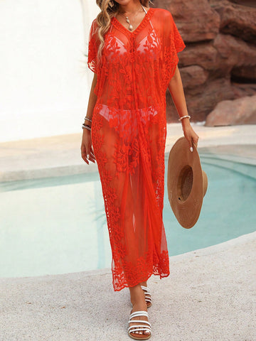 Holiday Beach Pool Embroidered Net Yarn Long-Sleeved Perspective Long Cover-Up Dress With Side Slits