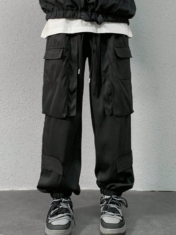 Men Drawstring Waist Cargo Pants With Pockets For Daily Casual