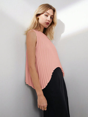 Women Summer Solid Color Round Neck Loose Tank Top With Pleated Asymmetric Hem