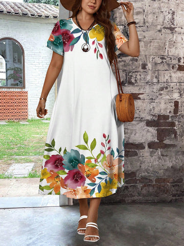 Summer Casual Floral Print Slim-Fit Plus Size Dress For Women