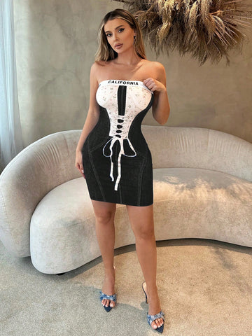 Women's Denim Effect Strapless Mini Dress Spring Summer Women Clothes Bachelorette Party Spring Break Birthday Outfit Valentine Day Sexy Outfits