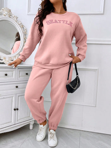 Women Plus Size Spring And Autumn Casual Two-Piece Set, With Letter Print Round Neck Loose Fit Pullover Sweatshirt And Pants
