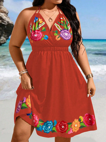 Plus Size Summer Vacation Casual Floral Print Halter Neck Dress
