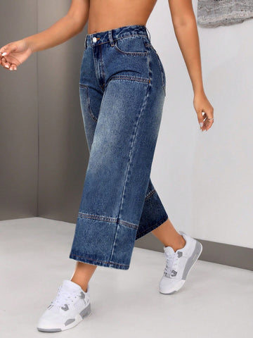 Women Fashionable Loose 8/10 Length Straight Wide Leg Jeans
