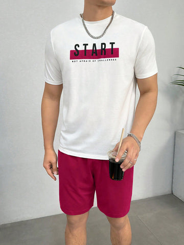 Men Simple Print Fitted Knitted Tee And Shorts Set