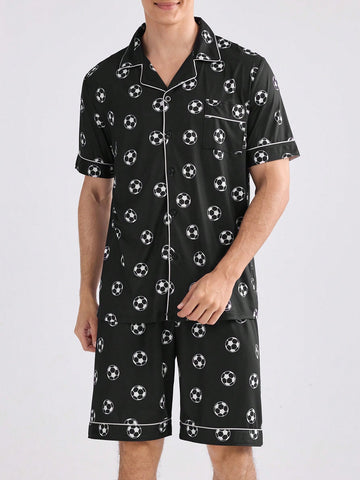 Men Full-Frame Football Printed Contrast Binding Short Sleeve Top And Shorts Homewear Set