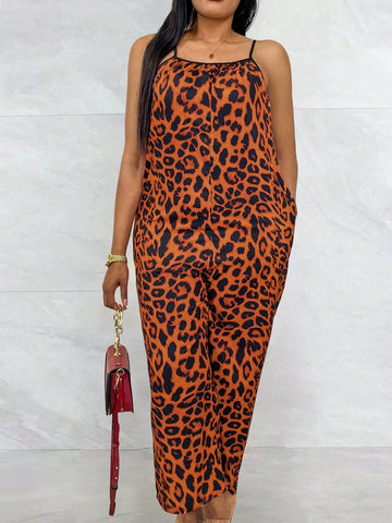 Plus Size Summer Casual Leopard Print Jumpsuit With Spaghetti Straps