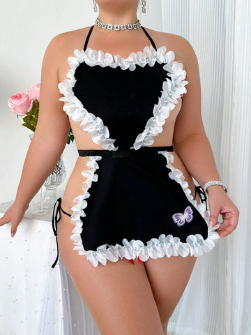 Sexy Two-Piece Plus Size Women Outfit With Heart-Shaped Epaulettes And Color Block Patchwork, Halter Neck And Ruffle Trimmed