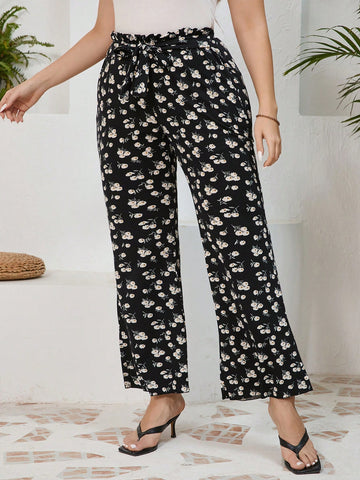 Women Plus Size Floral Print Fabric Belted High Waist Flared Pants Black Long Trousers Beach