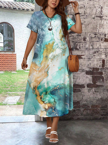 Summer Casual Marble Print Slim-Fit Plus Size Women's Round Neck Short Sleeve Dress