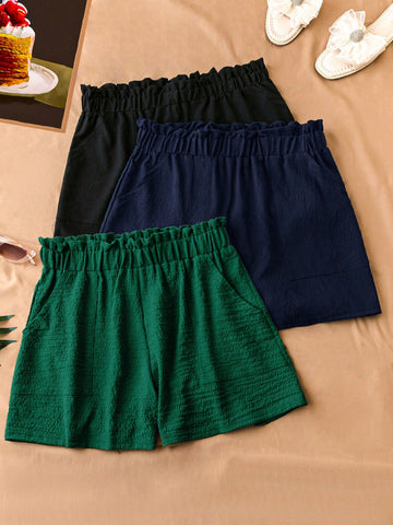 Plus Size Multiple Colors Khaki, Green And Black Short Pants, Elastic Waist With Pockets, Casual Women Clothing