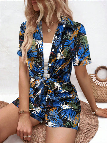 Women's Summer Vacation Style Two Piece Set, Tropical Plant Print Short Sleeve Shirt And Shorts Casual Outfit