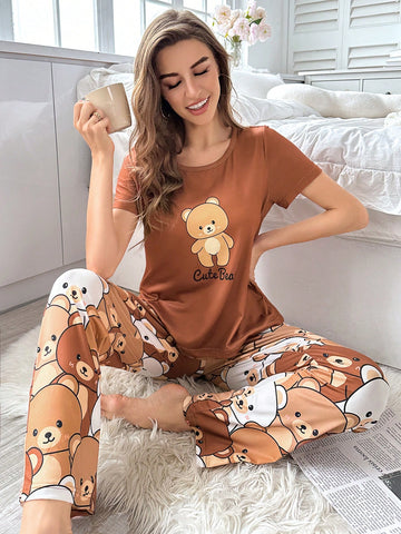 Cute Bear Short Sleeve Top & Long Pants Pajamas Set