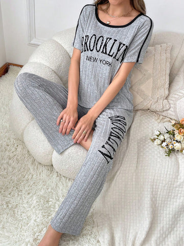 Grey Letter Pattern Women Round Neck Short Sleeve Long Pant Casual Home Outfits