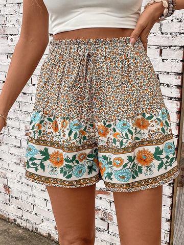 Summer High Waist Shorts With All-Over Printed Paper Bag Design