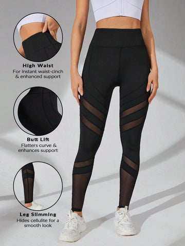 Fashionable Breathable Elastic Sports Legging With Mesh Splicing And Wide Waistband