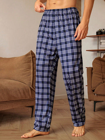Men Elastic Waist Comfortable Spring Summer Checkered Printed Long Pants Home Wear