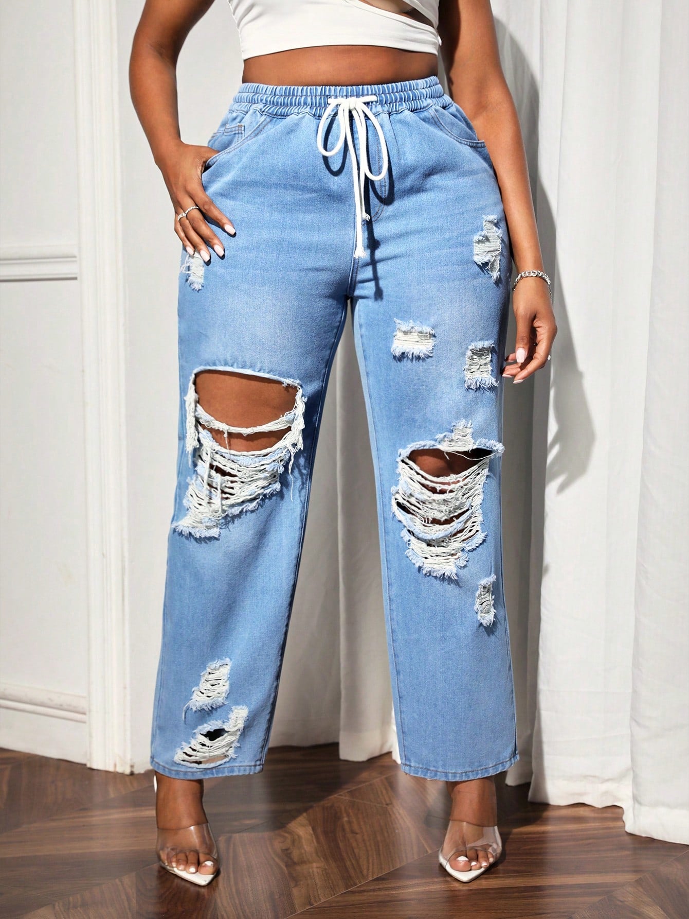 Plus Size Elastic-Free Stylish Distressed Jeans With Drawstring Waistband And Loose Fit