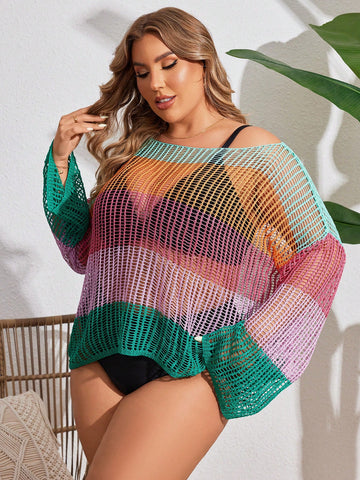 Plus Size Women Vacation Color Block Oversized Hollow Out Loose Cape Top With Drop Shoulder And Round Neckline