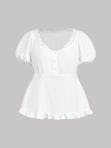 Plus Size Women's White Shirt With Lace-Collar And Half Open Placket